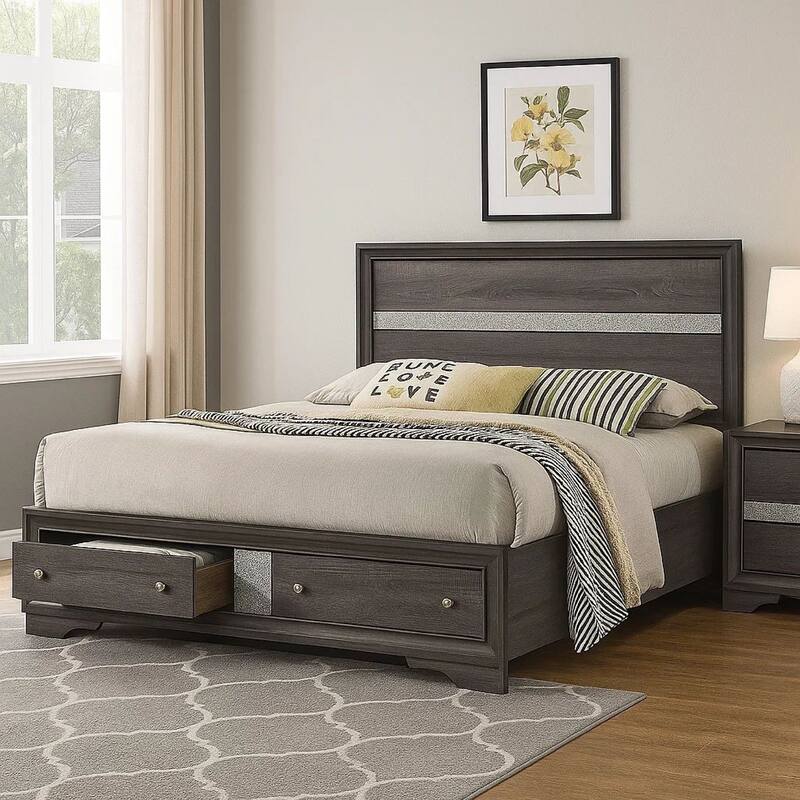Panel Design Eastern King Bed with Silver Accents and Bracket Feet, Gray