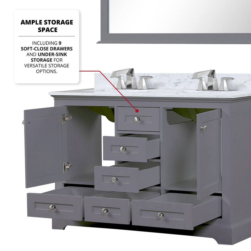 Dukes 48 in. W x 22 in. D Dark Grey Double Bath Vanity, Carrara Marble Top, Faucet Set, 46 in. Mirror