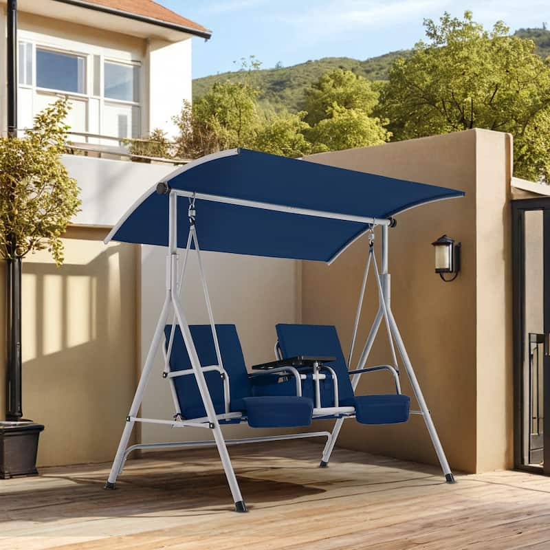 Outdoor Swing with Stand, Canopy, Pivot Table & 2 Cup Holders - Patio, Balcony, Bedroom - Navy