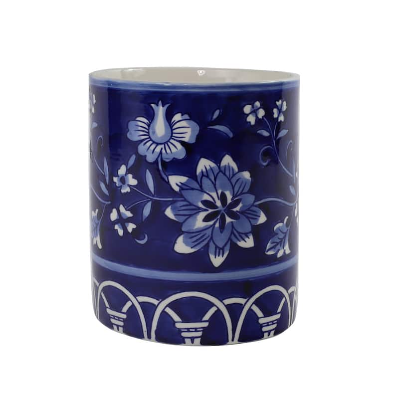 Euro Ceramica Blue Garden Utensil Holder - 6.1 in. x 6.1 in. x 7.4 in. - Blue & White