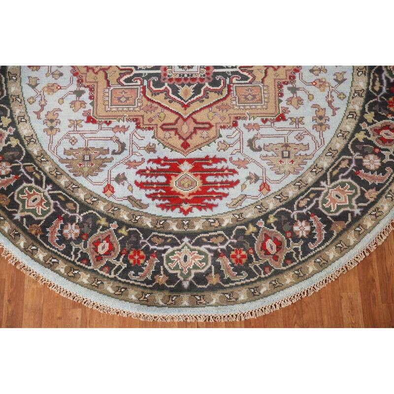 Light Blue Heriz-Serapi Oriental Round Area Rug Handmade Wool Carpet - 7'11"x 7'11"