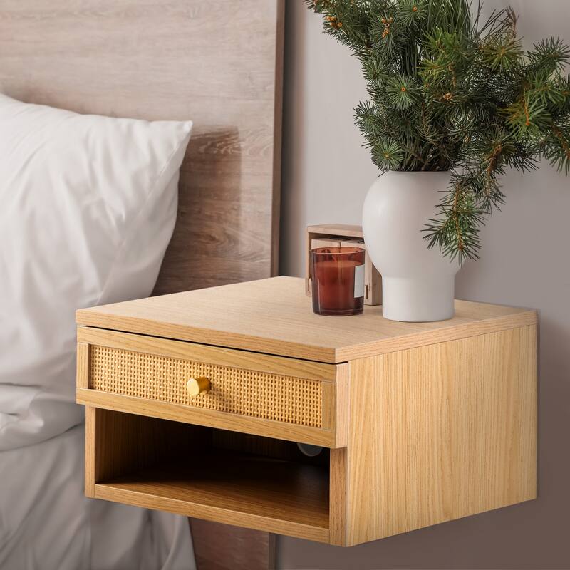 Elise 15.71" Mid-Century Modern Floating Wall Mounted Nightstand with Soft-Close Rattan Drawer and Cable Hole, by JONATHAN Y