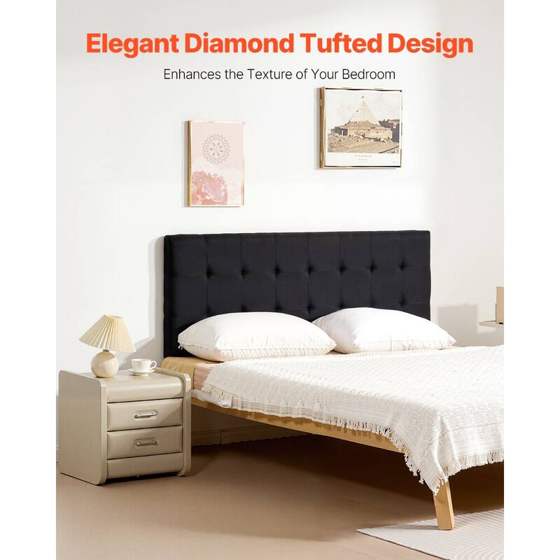 Black Linen Fabric Diamond Tufted Queen Size Headboard with Adjustable Height and Steel Frame