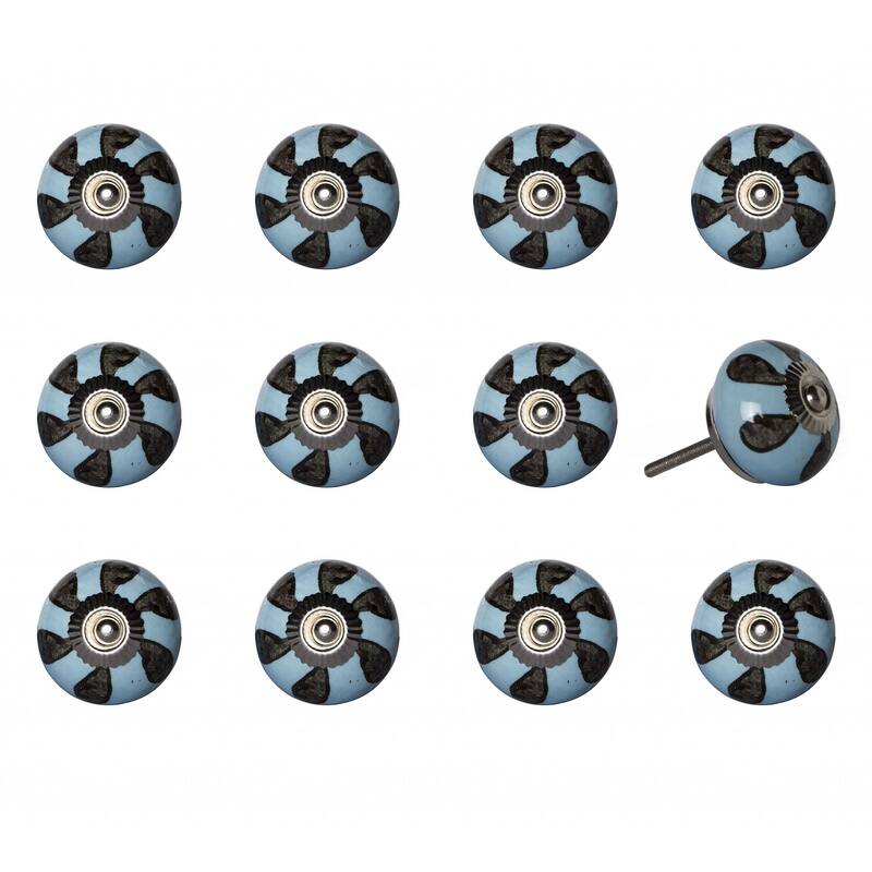 HomeRoots Set of Twelve Blue And Black Geometric Ceramic Drawer Pull Knobs - 1.5" x 1.5" x 1.5"