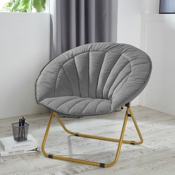 Urban Shop Velvet Channel Stitch Folding Saucer Lounge Chair Grey with Gold Legs Bed Bath Beyond 35459546