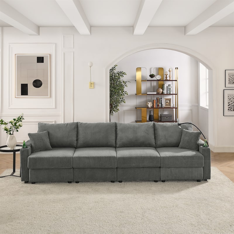132" Corduroy 5-Seater Sofa, Cup Holders, Phone Holder and Dense Cushions - Grey