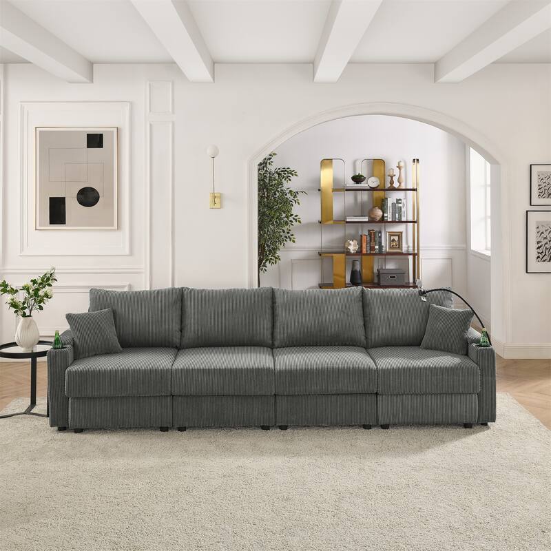Modern Deep Seat Sofa Corduroy Upholstered 4 Seater Storage Couch with Removable Cushions, Cup Holders and Phone Stands - Grey