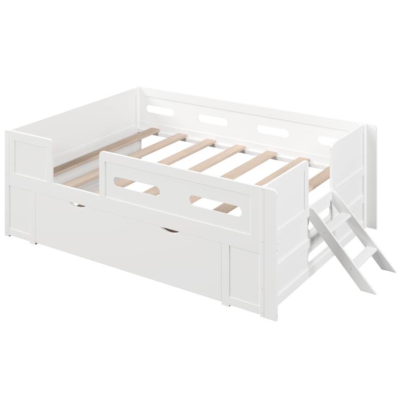 Kids Low Loft Bed with Stairs, Large Drawer and Guardrail, Semi-Enclosed Fence Platform Toddler Bed, Wooden Storage Daybed