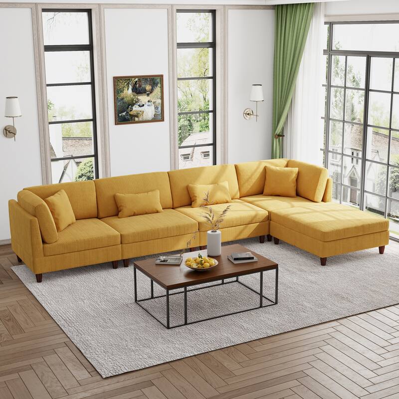 Modern Modular Corduroy Sectional Sofa with Ottoman - Orange 5 Piece