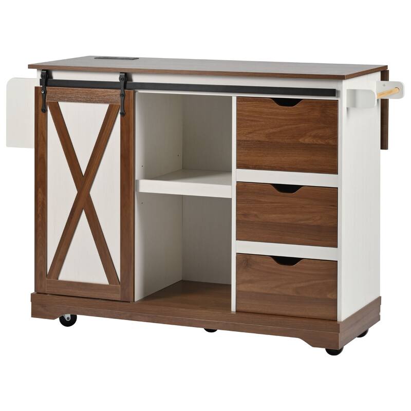 Drop Leaf Dining Table, Rolling Kitchen Island with Sliding Barn Door, Kitchen Cabinet with Built-In Charging Station