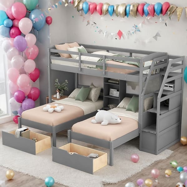 slide 2 of 9, Modern Twin Over Twin&Twin Triple Bunk Bed With Drawers,Staircase With Storage,Built-in Shelves,Kids Bedroom Sets