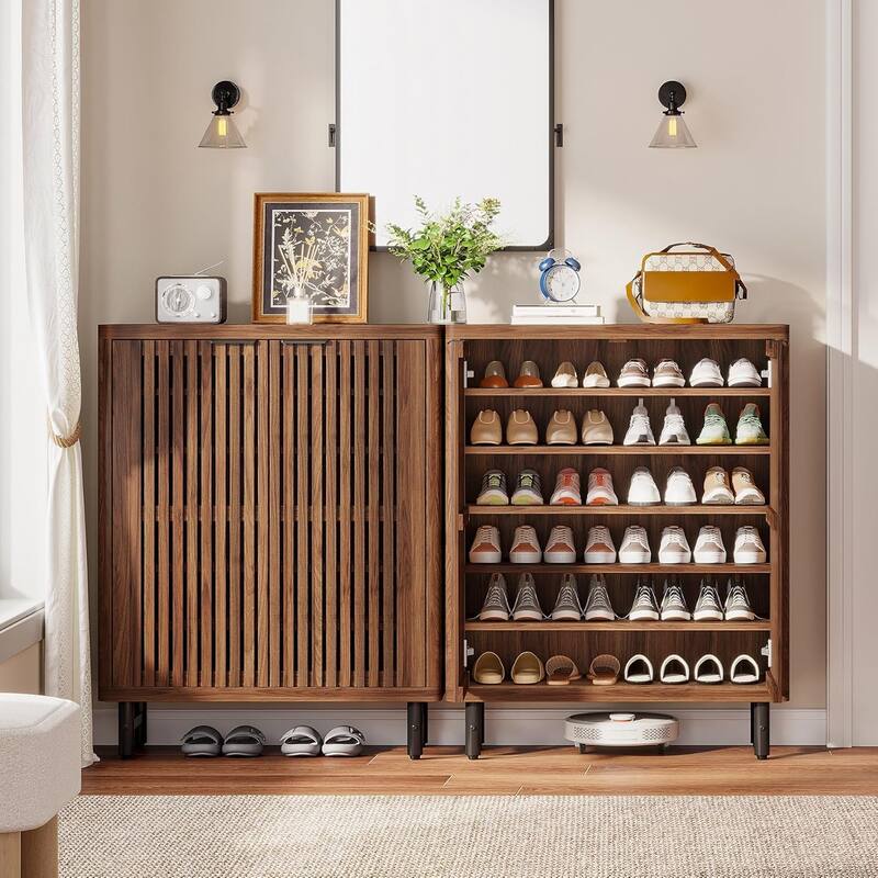 6-Tier Shoe Cabinet with Shutter Doors Adjustable Shelves Wooden Storage Cabinet for Entryway/Hallway/Closet/Living Room