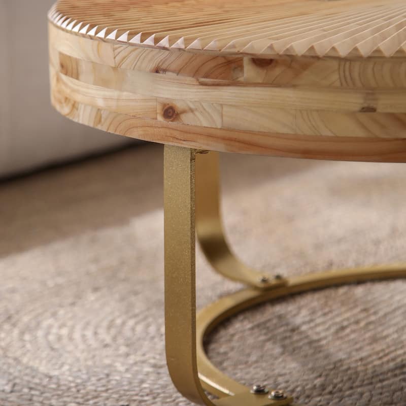 GDFStudio Calvion Round Pine Wood Coffee Table with Steel Frame and Carving Pattern