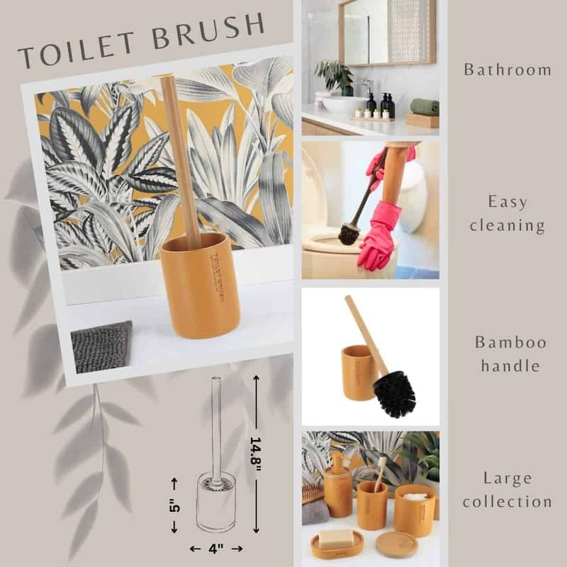 Chic Matte Toilet Brush Holder Set with Natural Bamboo Handle - 4 L x 4 W x 14.8 H