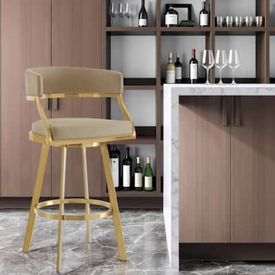HomeRoots 30" Sand and Gold Faux Leather and Stainless Steel Low Back Bar Height Swivel Bar Chair