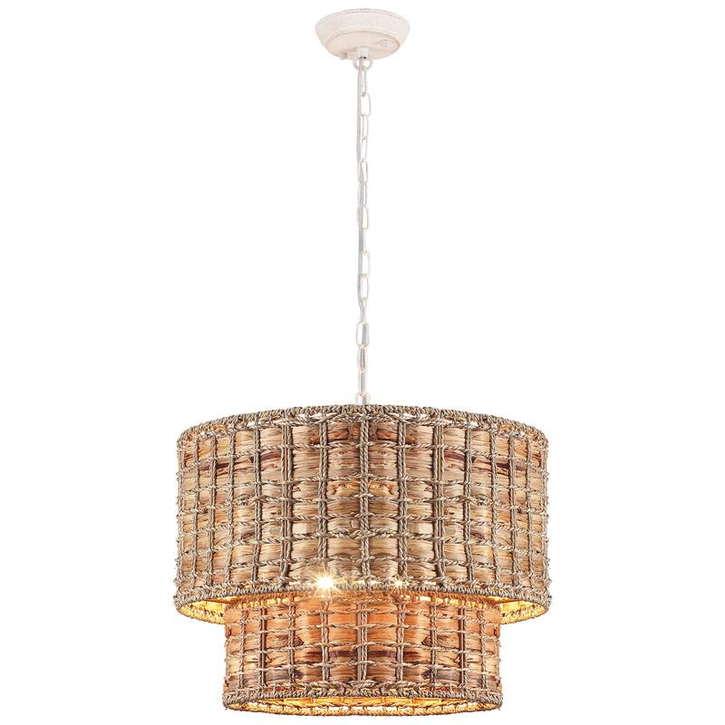 18.9 in. 5-Light Hemp Rope Weaving Drum Chandelier, Bohemian Style Chandelier, Handwoven Semi Flush Mount Chandelier