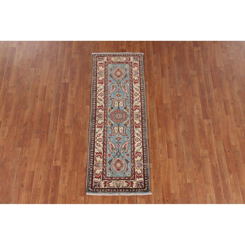Light Blue Kazak Oriental Runner Rug Handmade Hallway Wool Carpet - 2'0" x 5'8"