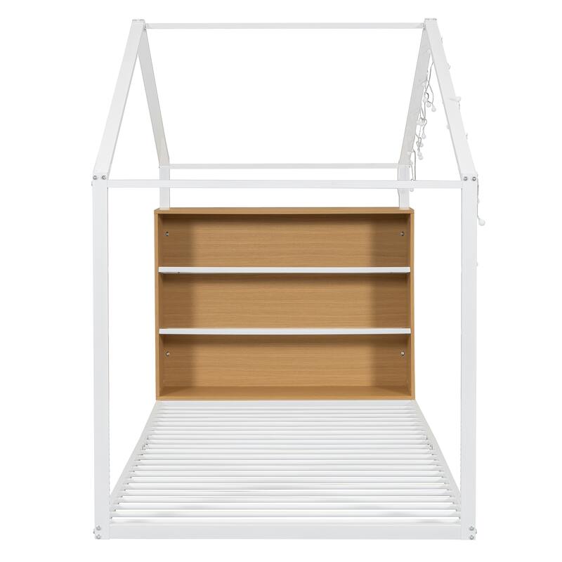 Full Size House Bed Frame with Metal Slats, Built-in Shelves, and LED Lights, Fun Playhouse Design for Kids