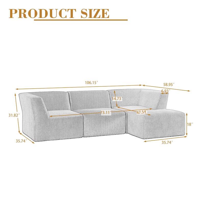 106" W Corduroy Fully Sponge Molded Modular Sectional Sofa