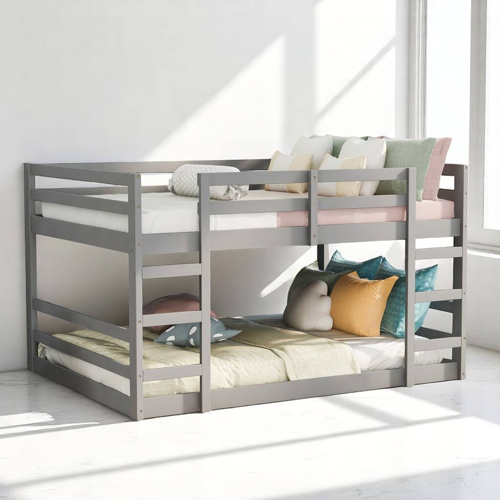 Full Over Full Bunk Bed with Ladder and Guardrails, Solid Wood Frame, No Box Spring Required