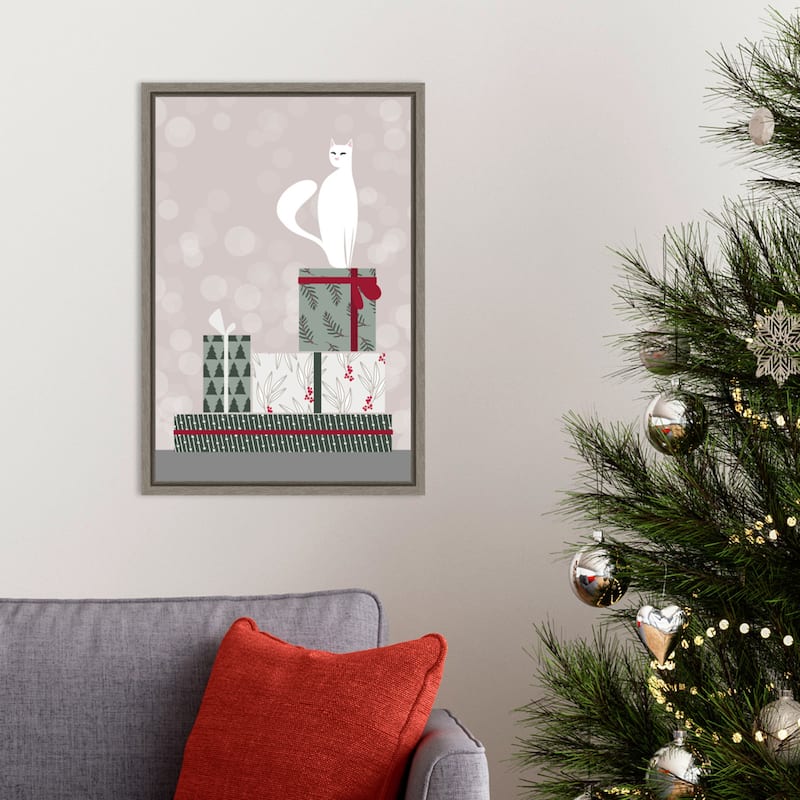 Retro cat and gifts by Rosana Laiz Blursbyai Framed Canvas Wall Art Print