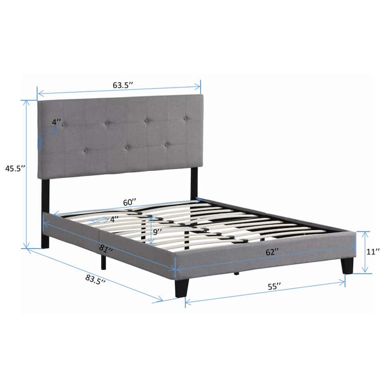 Gray Queen Size Upholstered Bed with Tufted Linen Headboard