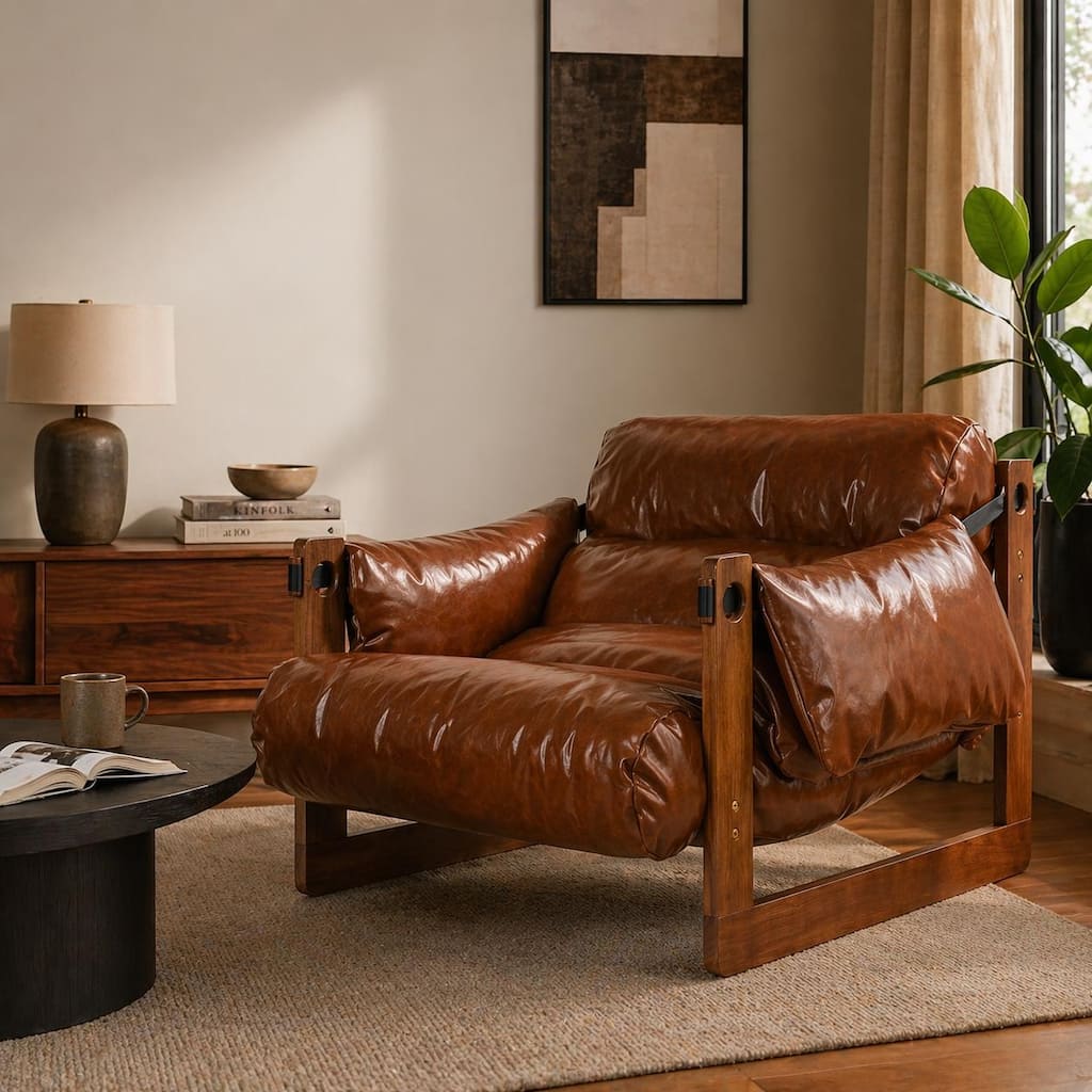 Retro Modern Faux Leather Lounge Chair with Sculptural Design