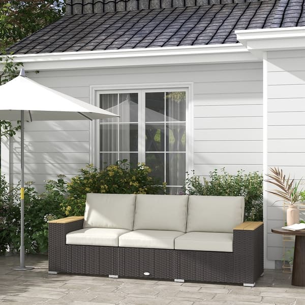 slide 2 of 9, Outsunny 3-Seat Patio Sofa with Cushions, PE Rattan Outdoor Couch with Wood Grain Wide Armrests for Porch Brown