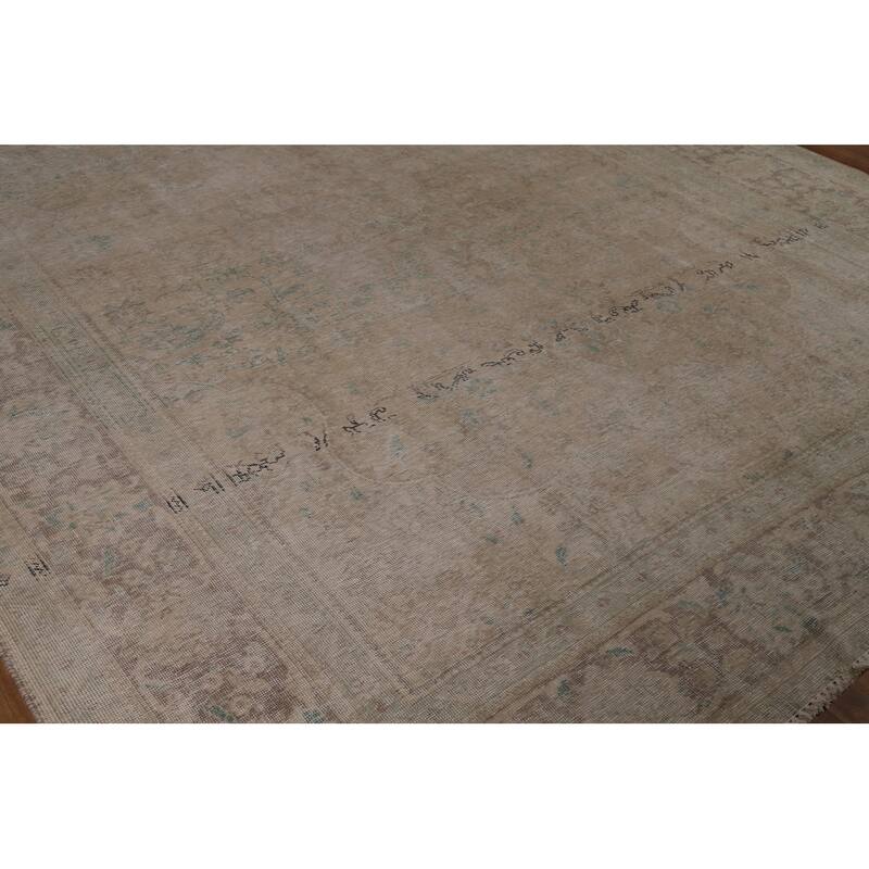 Distressed Beige Tabriz Persian Vintage Rug Hand-Knotted Wool Carpet - 9'1"x 11'9"