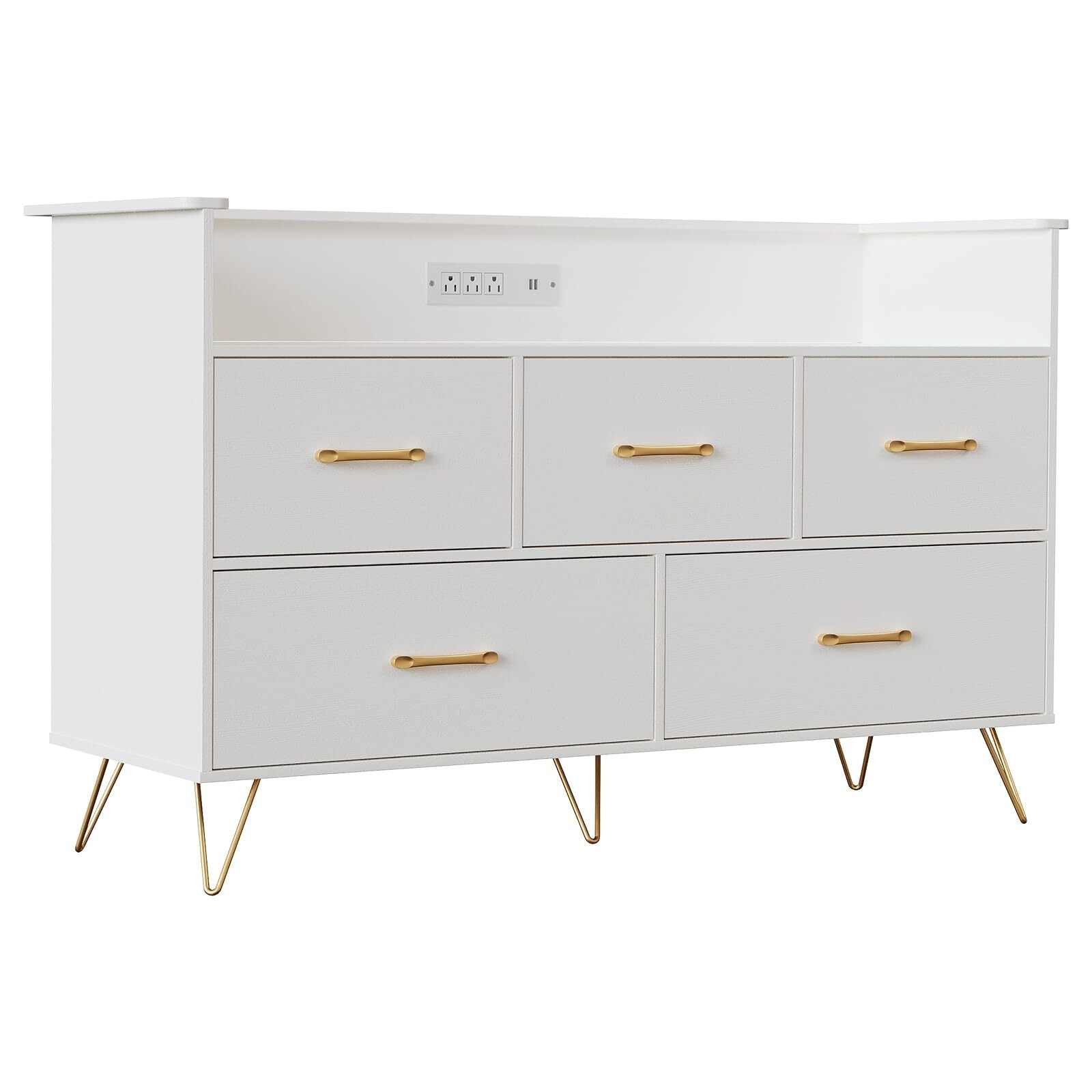 Modern Dresser for Bedroom, 47" Wide Wooden Dresser Storage Cabinet with LED Lights & Charging Station
