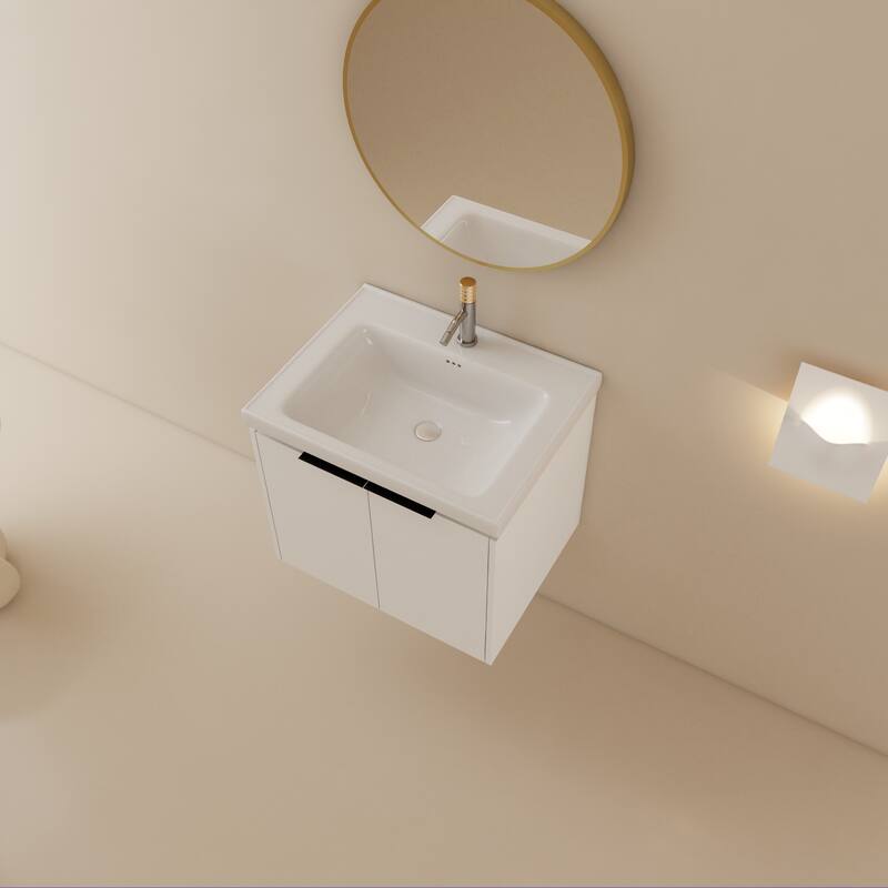 Wall Mounted Bathroom Vanity with Ceramic Basin, Soft Closing Doors, and Metal Handles for Modern Bathroom Storage