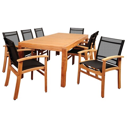 Amazonia Terrace 9-Piece Outdoor Dining Set Teak Rectangular Table Patio Furniture with Black Sling Chair