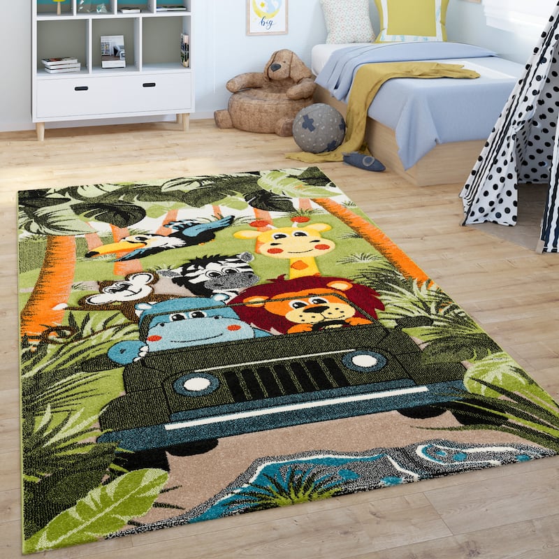 Kids Rug Jungle Safari Motif with Lion Hippo Monkey and Giraffe - 2'8" x 4'11"
