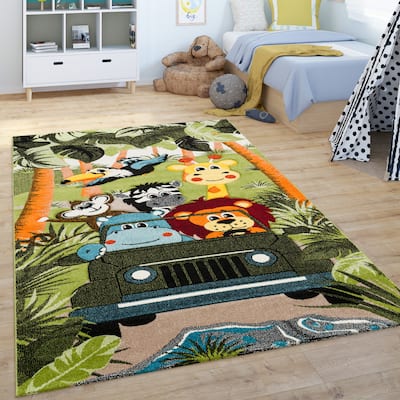 Kids Rug Jungle Safari Motif with Lion Hippo Monkey and Giraffe