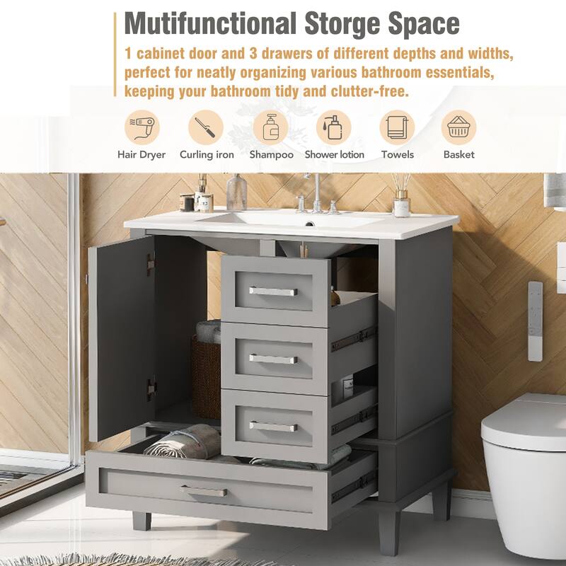 Single Sink Bathroom Vanity Cabinet, Vanity Base & Ceramic Sink Combo Set, 3 Drawers Bathroom Storage Cabinet, 30 Inch