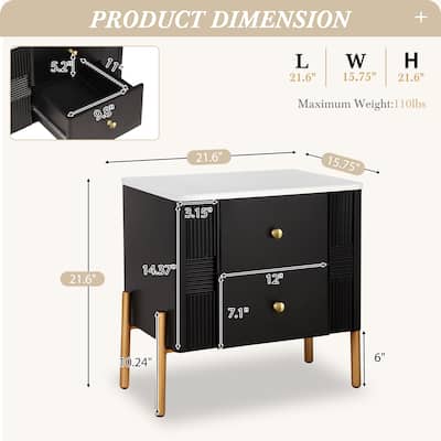 Fluted Nightstand with Metal Handles and Legs, Storage Cabinet with 2 Drawers, Multi-functiona Sofa Side Table