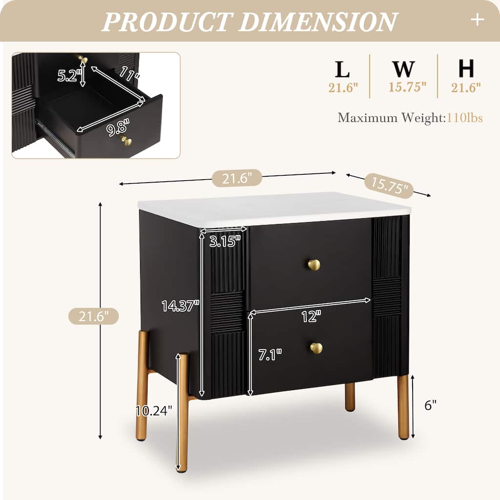 Fluted Nightstand with Metal Handles and Legs, Storage Cabinet with 2 Drawers, Multi-functiona Sofa Side Table