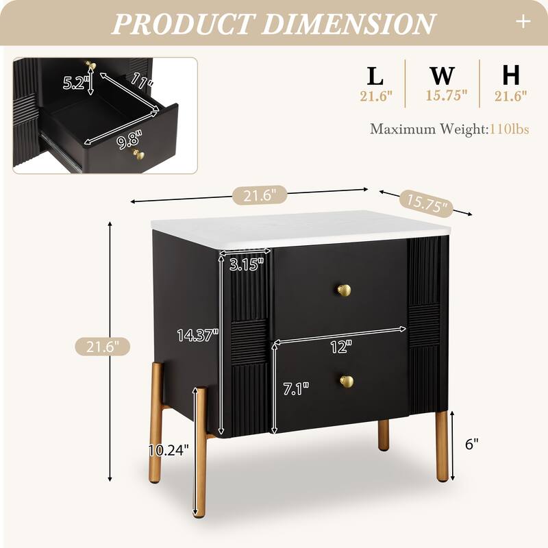 Modern Fluted Nightstand with 2 Drawers, Golden Metal Handles, High Legs, Multi-Scene Use, Easy Assembly, Black