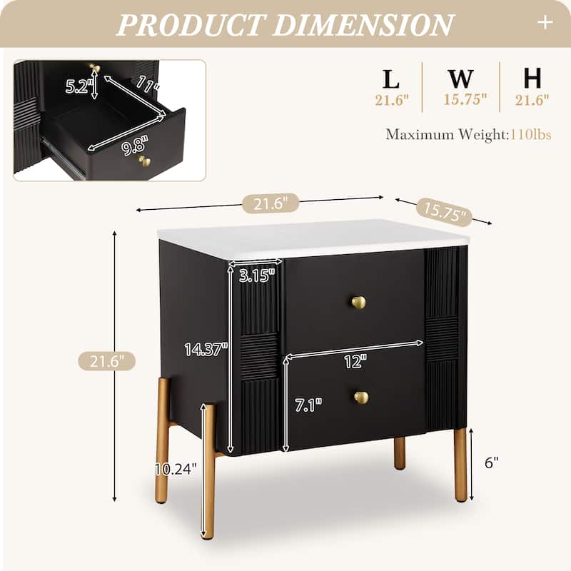 Modern Nightstand with 2 Storage Drawer, Fluted Bedside Table with Golden Metal Handles and Legs