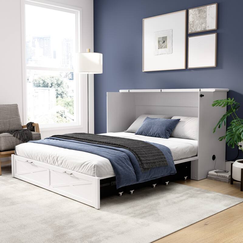 Bestar Key West 65W Queen Murphy Cabinet Bed with Drawer and Mattress - Pure White Oak