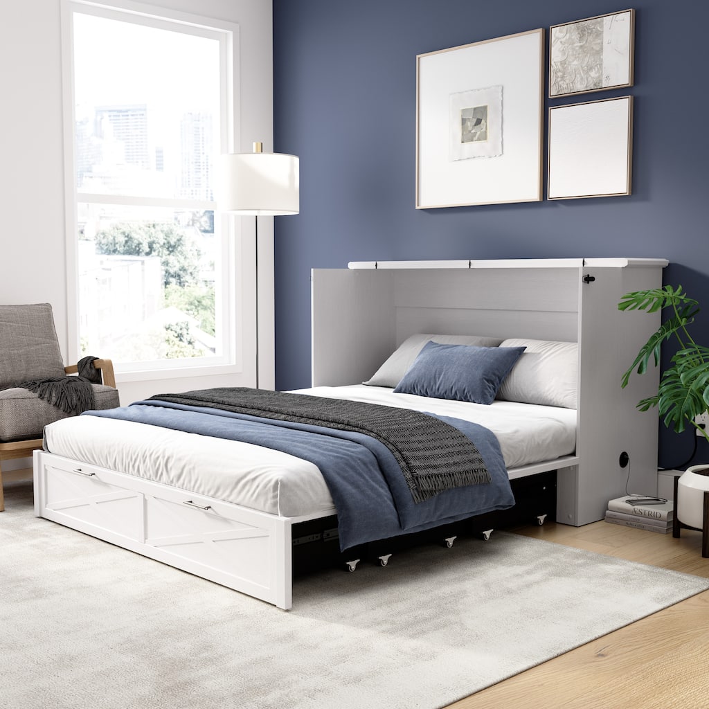 Bestar Key West 65W Queen Murphy Cabinet Bed with Drawer and Mattress