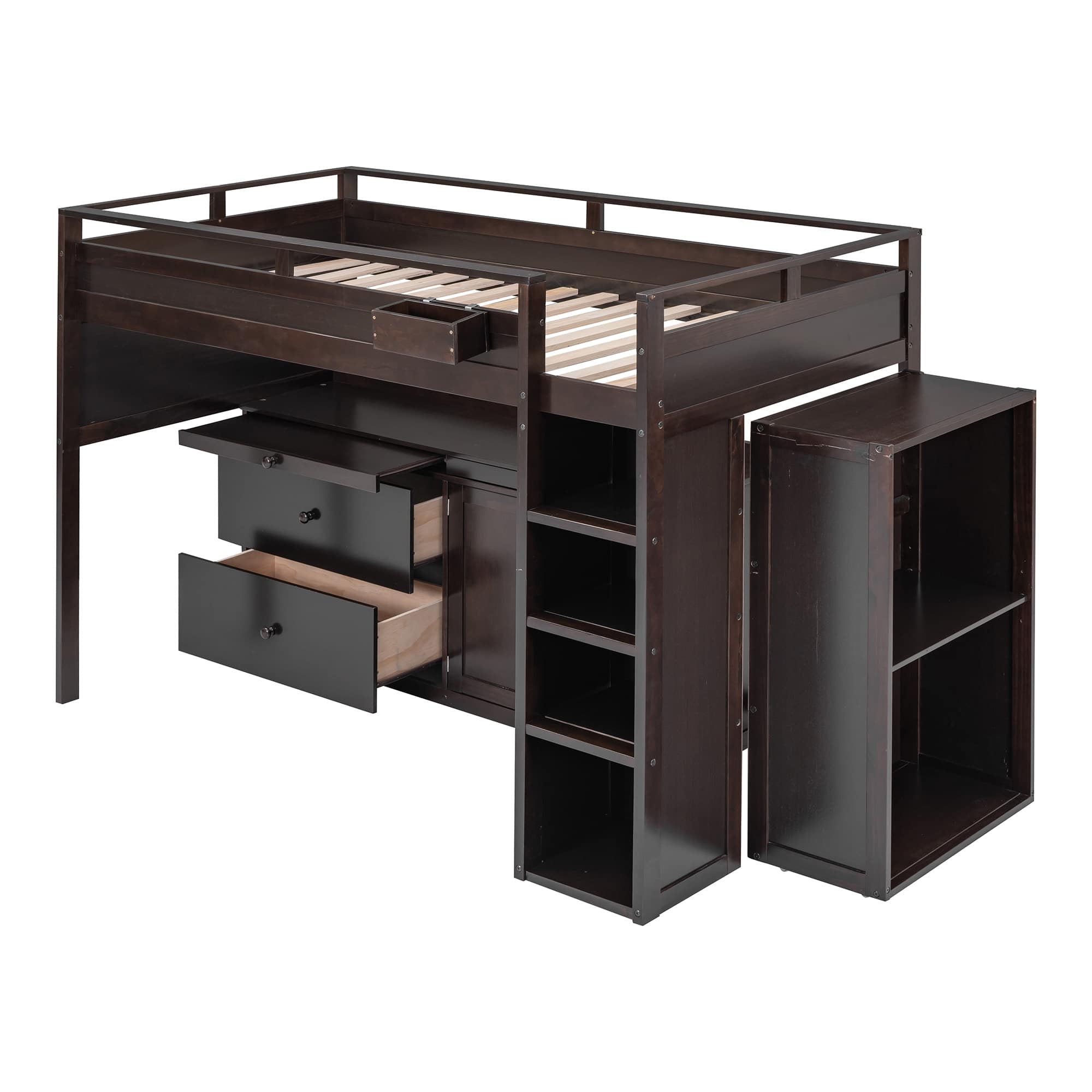 Designs Twin Size Loft Bed with Rolling and Desk，Solid Wood