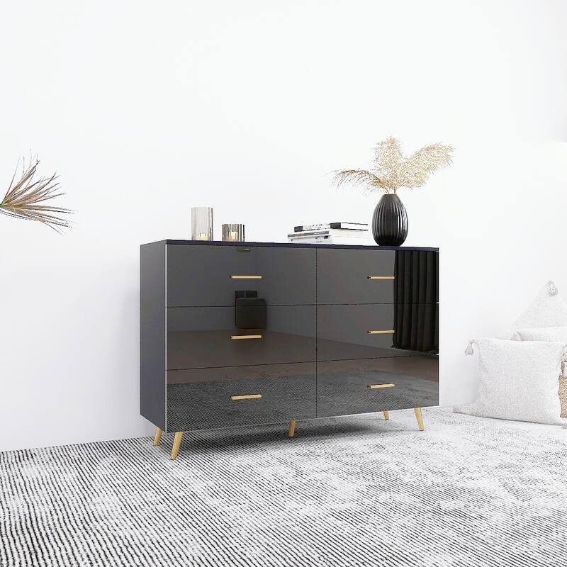 High Gloss 6-Drawer Chest with Golden Handles & Steel Legs, Large Modern Dresser with Anti-Tip Design for Bedroom, Black