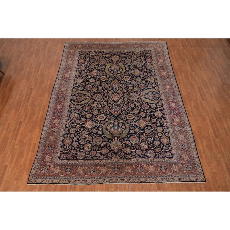 Hand Knotted Oriental 100% Wool Carpet Traditional Floral Navy Blue & Blues Kashan Area Rug - 14' 0'' X 10' 4''