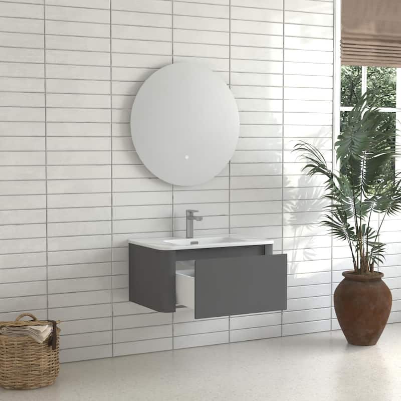 30" Grey Wall Mounted Bathroom Vanity with Basin Floating Vanity Drawer Bathroom Cabinet with White Ceramic Integrated Basin