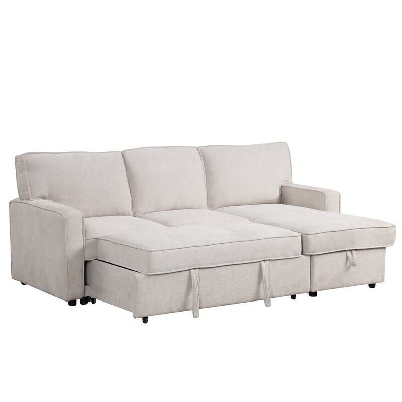 3-Seater Convertible Sleeper Sofa with Twin pull-out Bed, L-Shaped Sectional Sofa for Livingroom Polyester Sofa Set with Ottoman