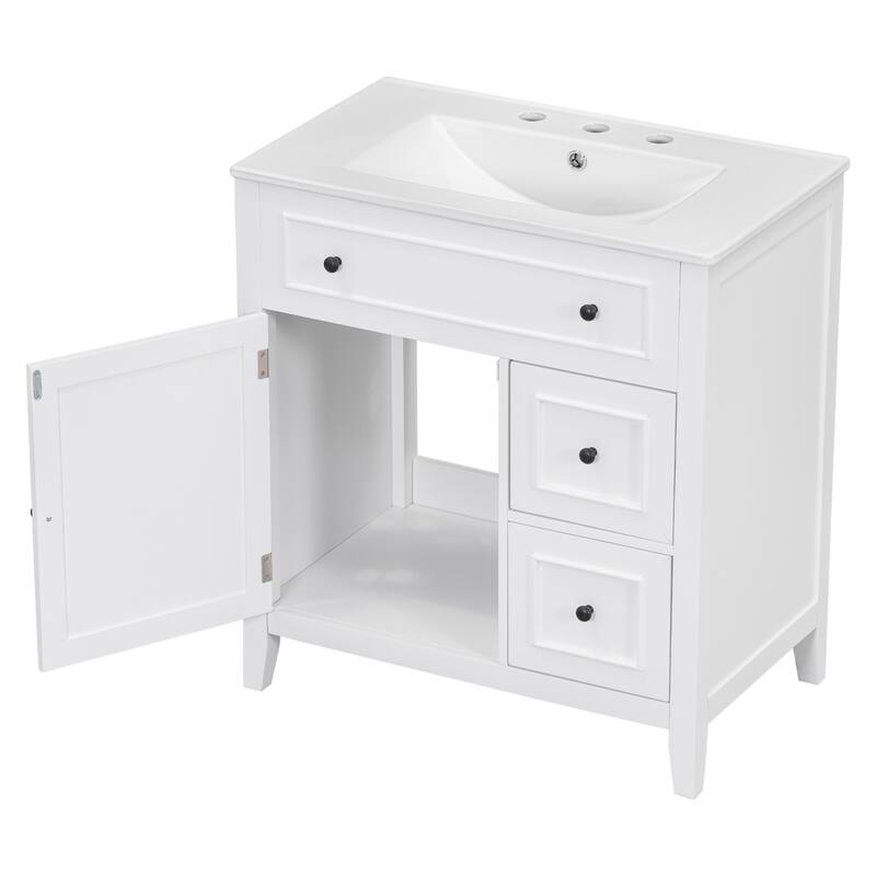 30'' Solid Wood Bathroom Vanity with Cabinet, 2 Drawers, and Ceramic Sink