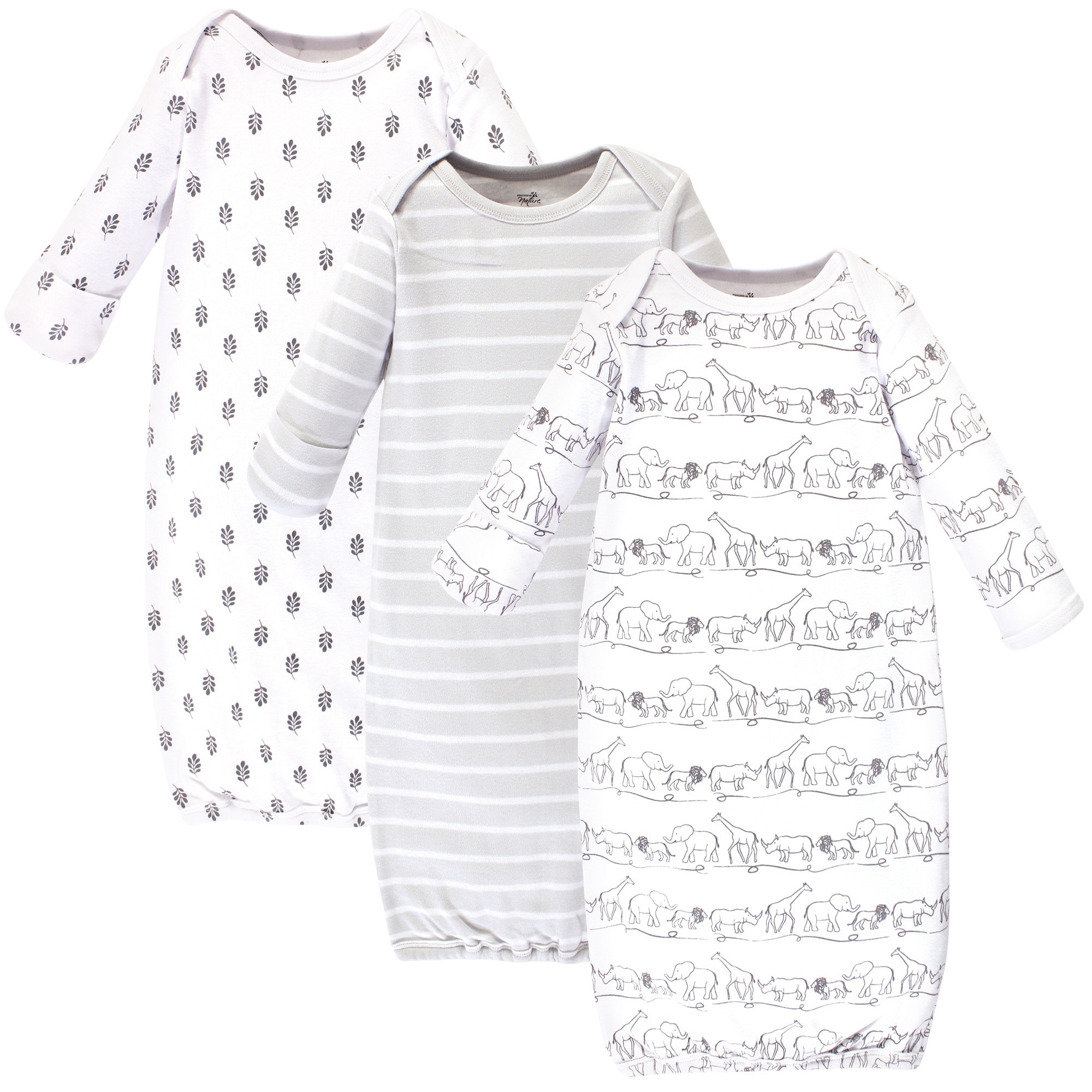 Touched by Nature Baby Organic Cotton Long-Sleeve Gowns 3pk, Safari, Preemie Newborn - Safari
