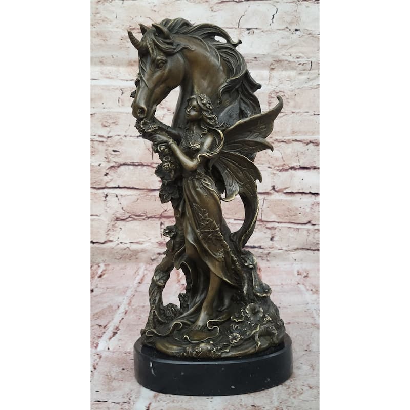 Fantasy Winged Fairy With Mythical Unicorn Horse Sculpture Signed Original Patoue