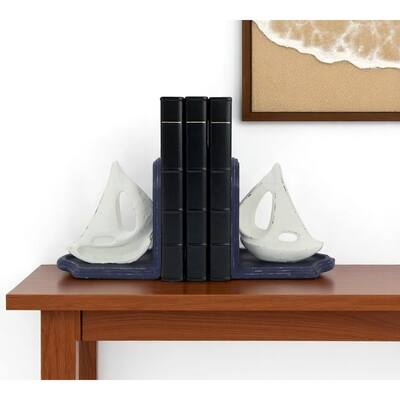 HomeRoots Set of Two 5" Blue And White Cast Iron Sailboat Decorative Bookends - 9.5 x 3.25 x 5.25